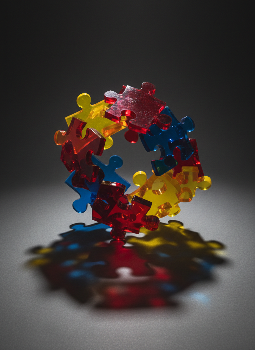 A bold, abstract arrangement of interlocking acrylic puzzle pieces in primary colors—red, blue, and yellow—set against a smooth, charcoal-flat background. Each piece features a high-gloss finish that interacts strikingly with intense, raking sidelights, casting geometric, sharply defined shadows across the surface. The composition is centered with the focus deep, allowing each connection and detail to be clear. The minimalist design conveys unity and collaborative action, while the stark lighting and vibrant colors drive home a sense of boldness and energy, communicating the power of collective activism in a modern, photographic style.
