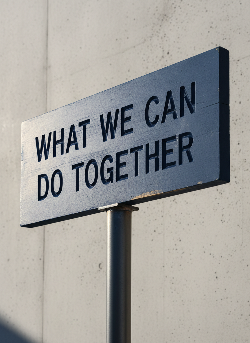 A close-up of a raised, weathered wooden signboard painted in bold, matte navy blue with the words "What We Can Do Together" carved deeply into its surface. The sign is mounted on a minimal, industrial steel post that shows intentional, clean weld marks. It stands against a stark, light gray concrete wall serving as an uncluttered backdrop. Strong directional sunlight pours in from the left side, casting deep, crisp shadows beneath the sign and lending a powerful, high-contrast feel. Captured at eye-level, tightly framed to emphasize the words and textures. The photographic realism and minimalist aesthetic reinforce a bold mood, perfectly echoing a call to action for activism and collaboration.