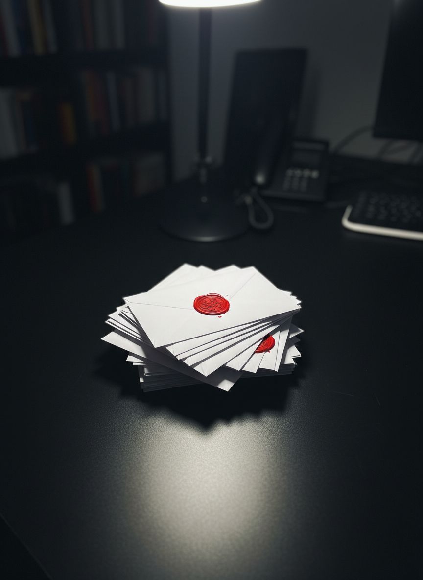 A pile of crisp white envelopes, each stamped boldly with a red wax seal featuring a minimalist community symbol, arranged neatly on a smooth matte-black desk. The setting is a bare, streamlined workspace with a blurred background of shadowed shelving, ensuring the envelopes stand out. A sharp beam of overhead artificial light creates well-defined shadows and sharp highlights, adding depth and clarity. Photographed from a slightly tilted overhead angle, the scene maintains sharp focus on the prominent seals. The mood is purposeful and urgent, in line with a bold, activism-driven message, and the overall image is minimalist and visually striking.